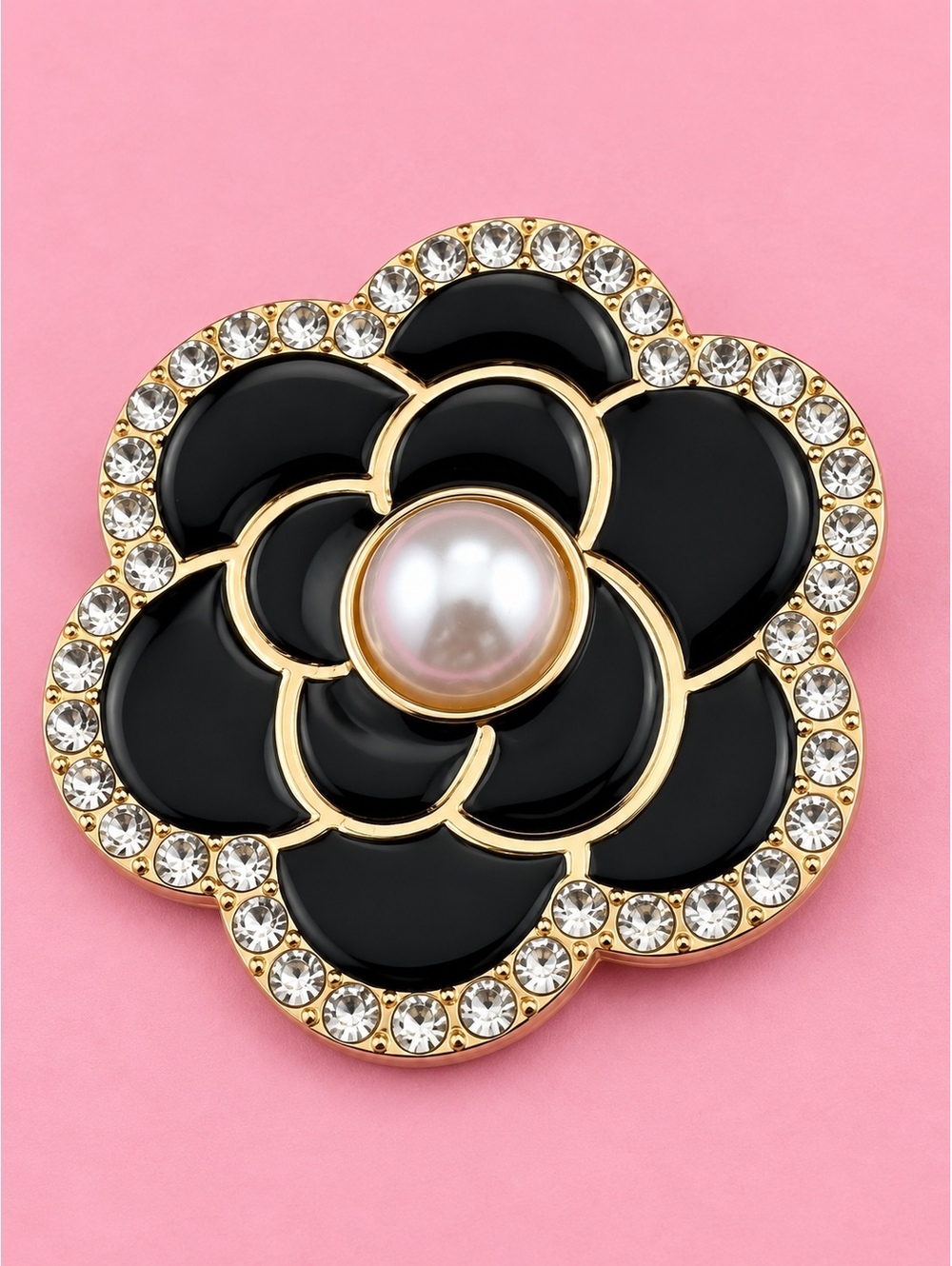 Lulu LaLa Black Flower Brooch with Pearl and Rhinestones